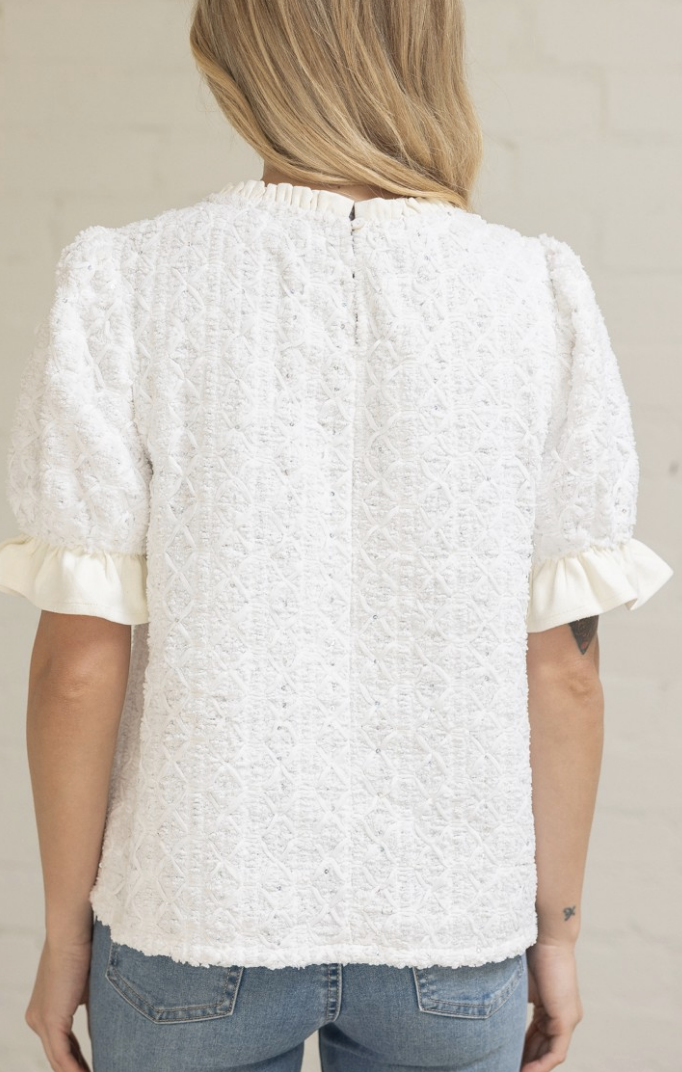 Sequin Embroidered Cream Plush Top