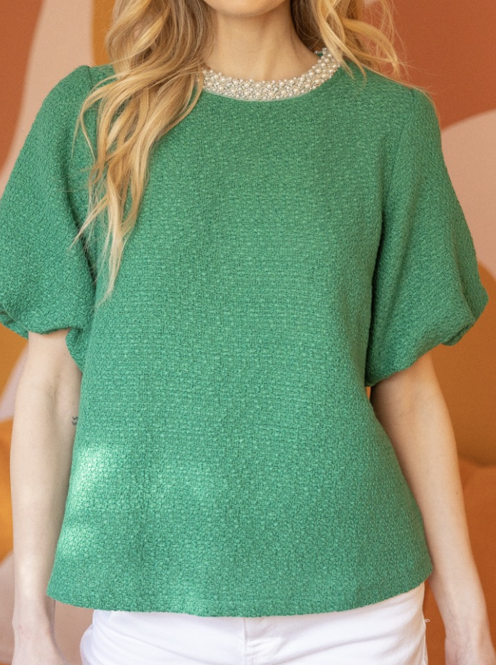 Pearled Trimmed Bubble Sleeve Tweed Top/ 2 colors