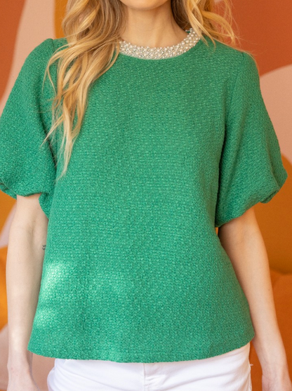 Pearled Trimmed Bubble Sleeve Tweed Top/ 2 colors