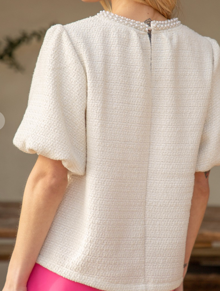 Pearled Trimmed Bubble Sleeve Tweed Top/ 2 colors