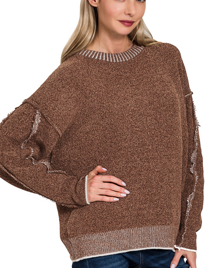 Exposed Seam Round Neck Chenille Sweater / 3 colors