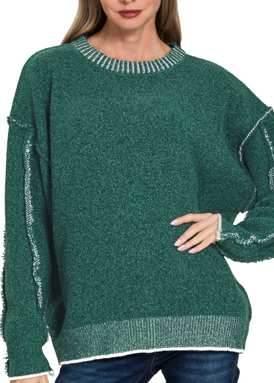 Exposed Seam Round Neck Chenille Sweater / 3 colors