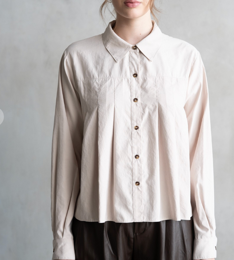 Pleated Button Front Oatmeal Blouse