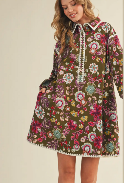 Floral Print Stitch Detail Midi Dress