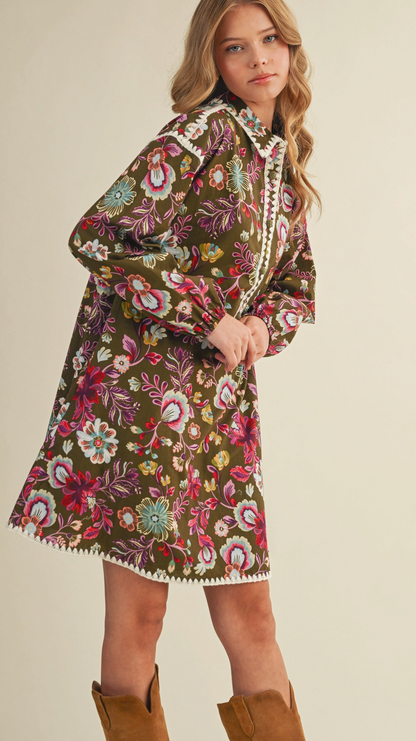 Floral Print Stitch Detail Midi Dress