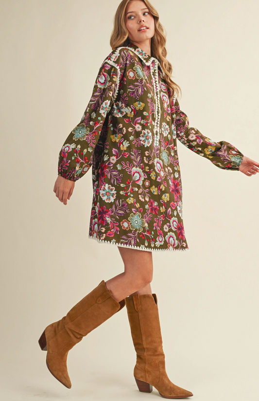 Floral Print Stitch Detail Midi Dress