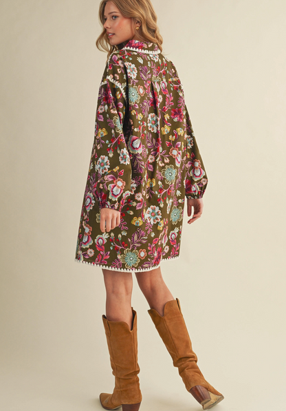 Floral Print Stitch Detail Midi Dress