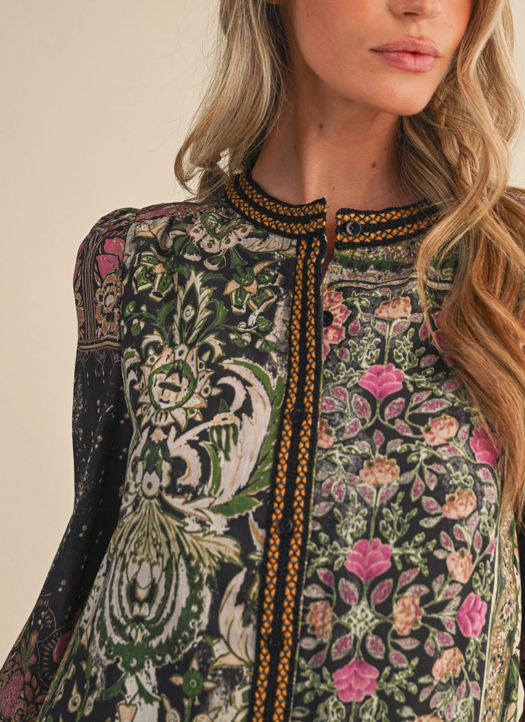 Patchwork Print Crochet Trim Button Down Top