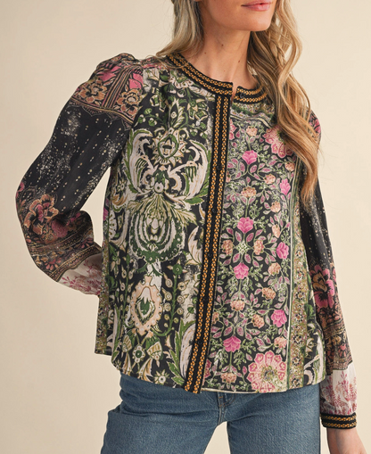 Patchwork Print Crochet Trim Button Down Top