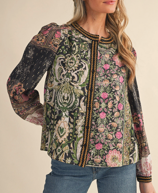 Patchwork Print Crochet Trim Button Down Top