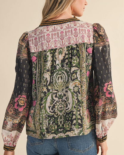 Patchwork Print Crochet Trim Button Down Top