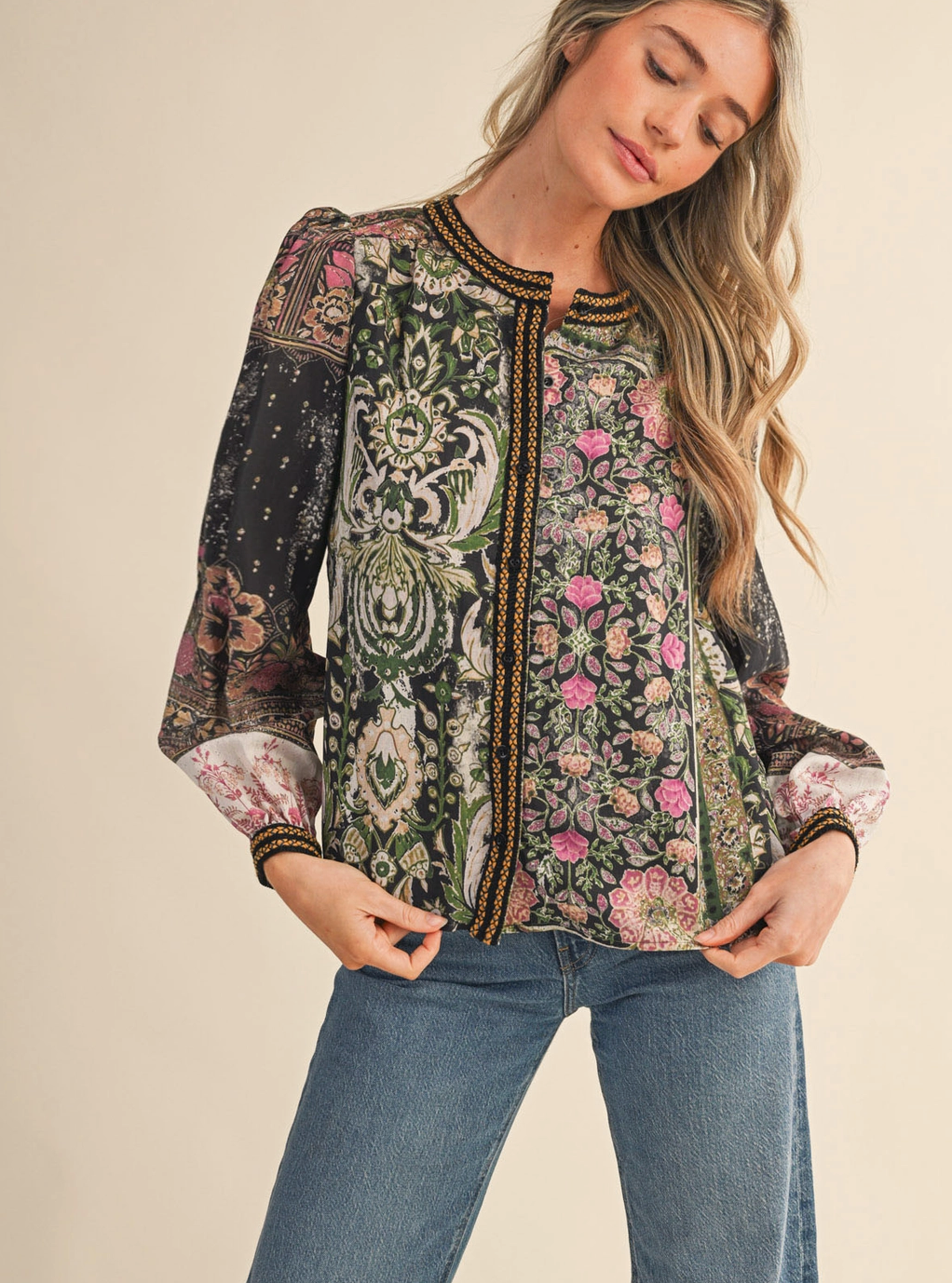 Patchwork Print Crochet Trim Button Down Top