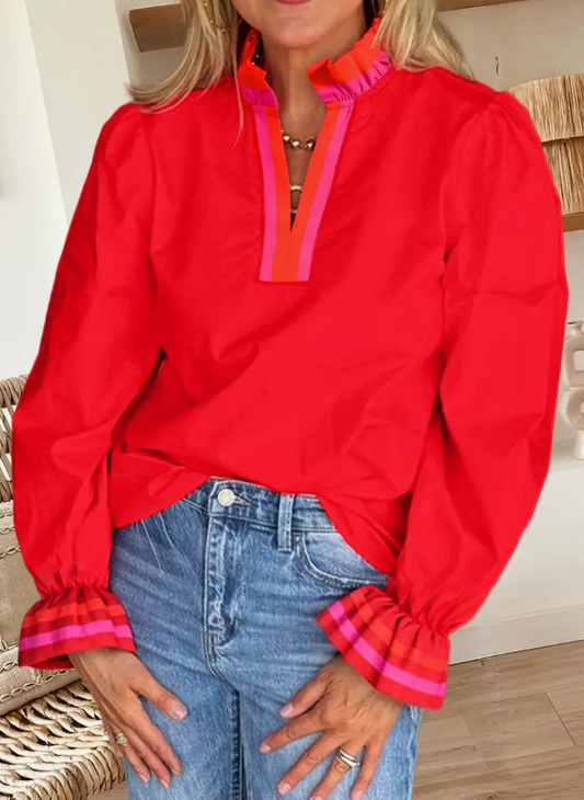 Ruffle Neck RED Striped Trim Ruffle Split Neck Blouse