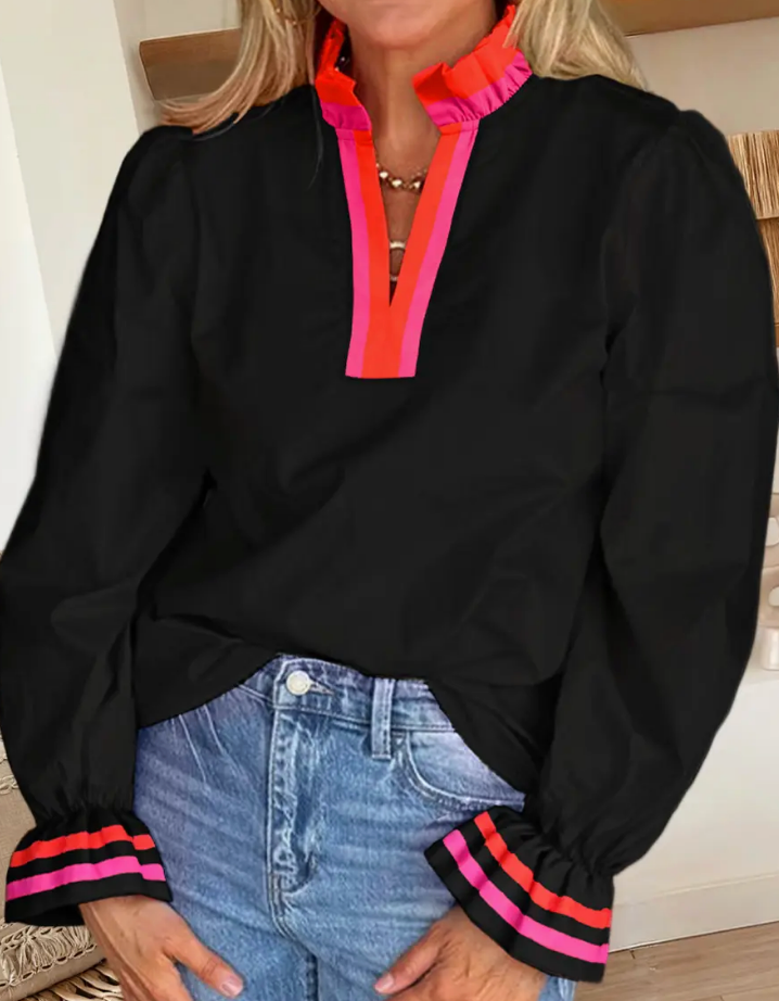 Ruffle Neck Black Striped Trim Ruffle Split Neck Blouse