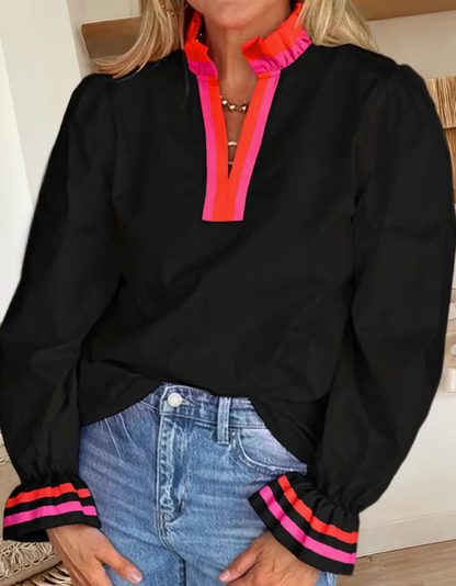 Ruffle Neck Black Striped Trim Ruffle Split Neck Blouse
