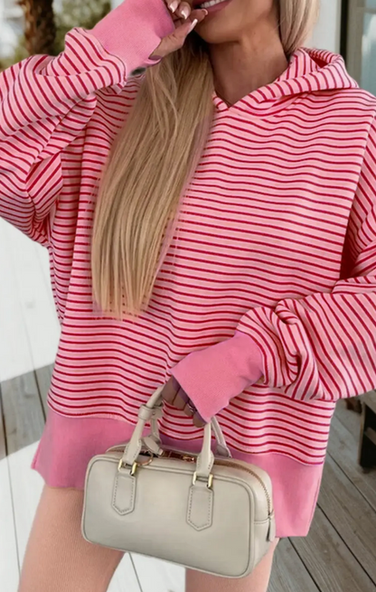 Pink Stripe Thumbhole Loose Fit Hoodie