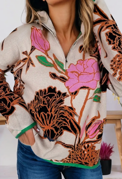 Floral Pattern Knit Quarter Zip Stand Neck Sweater