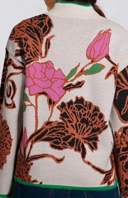 Floral Pattern Knit Quarter Zip Stand Neck Sweater