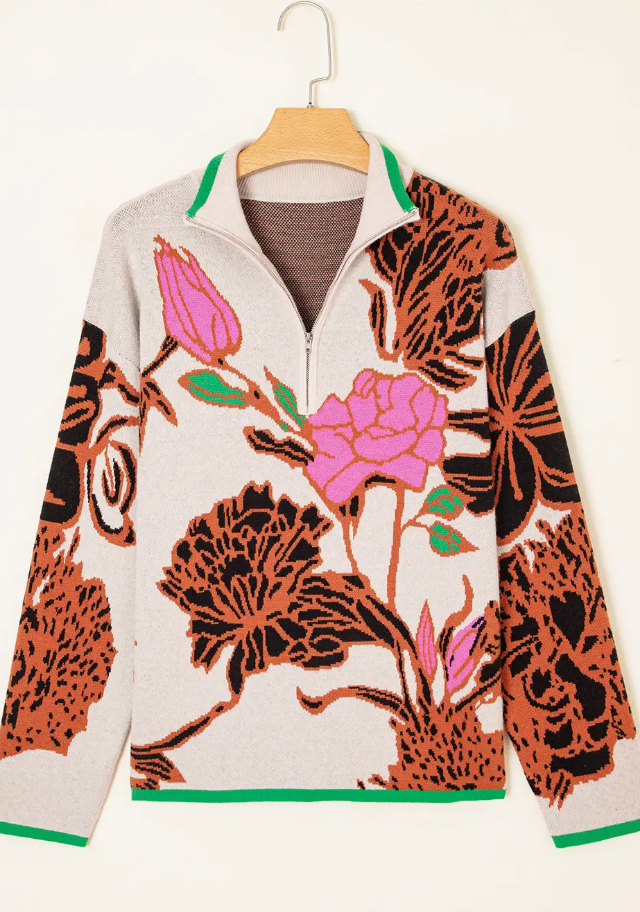 Floral Pattern Knit Quarter Zip Stand Neck Sweater