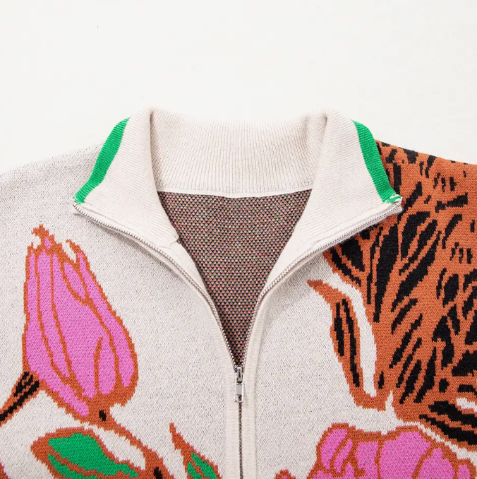 Floral Pattern Knit Quarter Zip Stand Neck Sweater