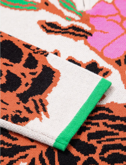 Floral Pattern Knit Quarter Zip Stand Neck Sweater