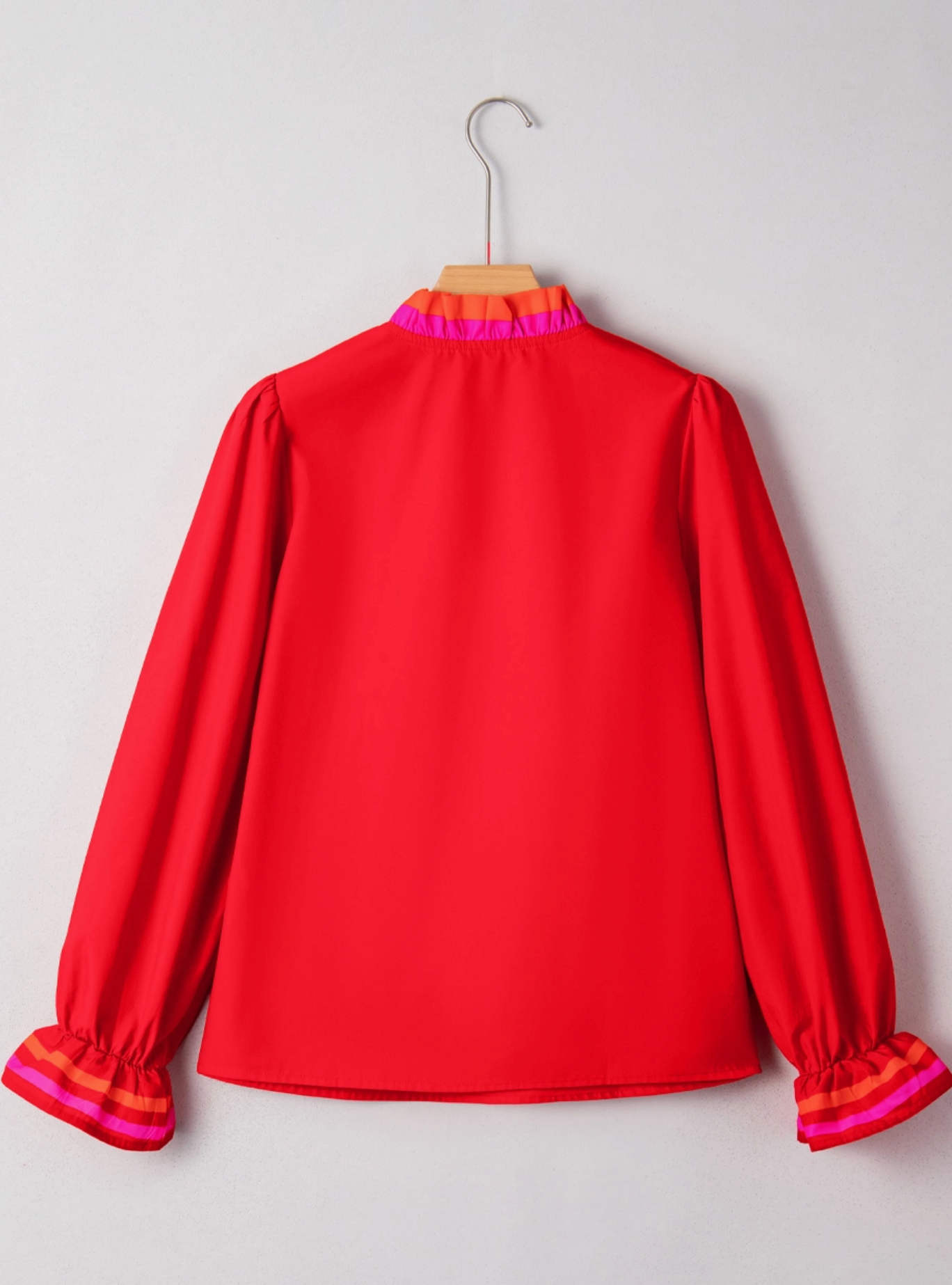 Ruffle Neck RED Striped Trim Ruffle Split Neck Blouse
