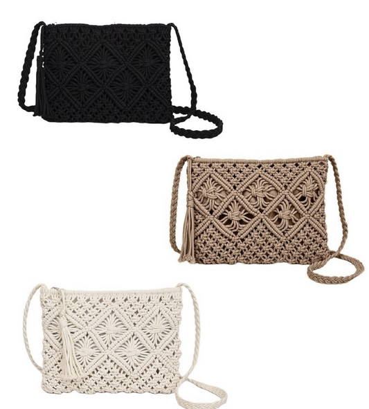 Hand Woven Bohemian Crochet Cross Body Purse / 3 colors