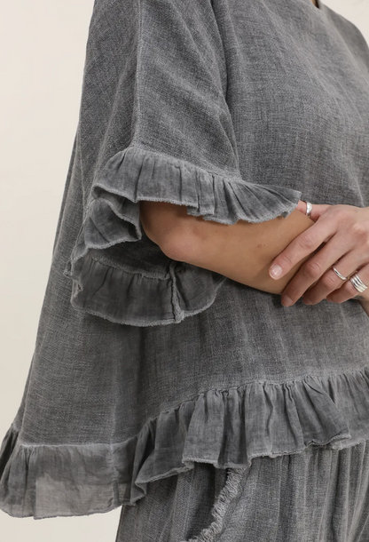 Italian Linen Ruffle Detail Short Sleeve top /  7 colors