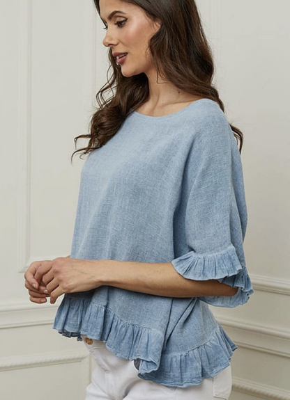 Italian Linen Ruffle Detail Short Sleeve top /  7 colors