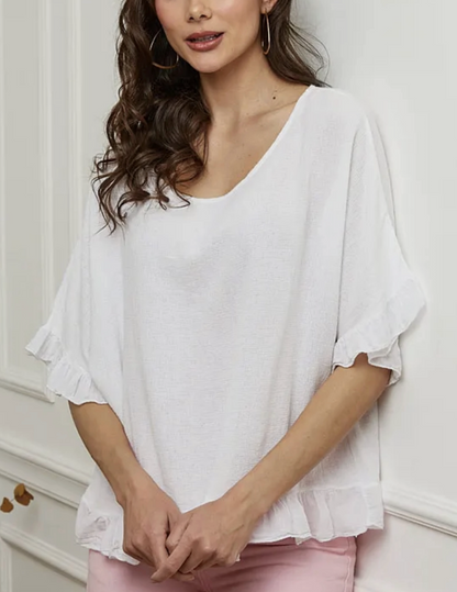 Italian Linen Ruffle Detail Short Sleeve top /  7 colors