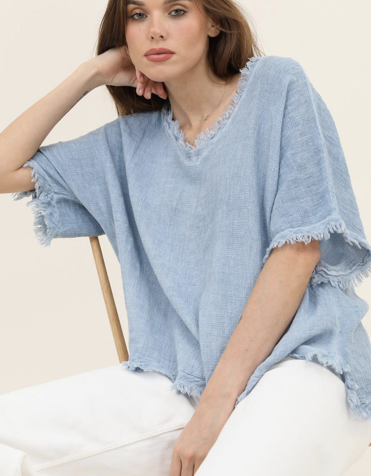 Italian Linen V Neck Fringe Short Sleeve top /  7 colors