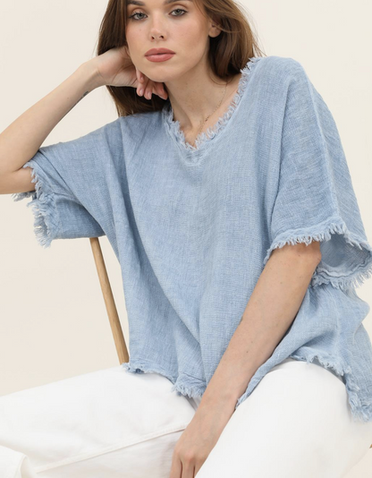 Italian Linen V Neck Fringe Short Sleeve top /  7 colors