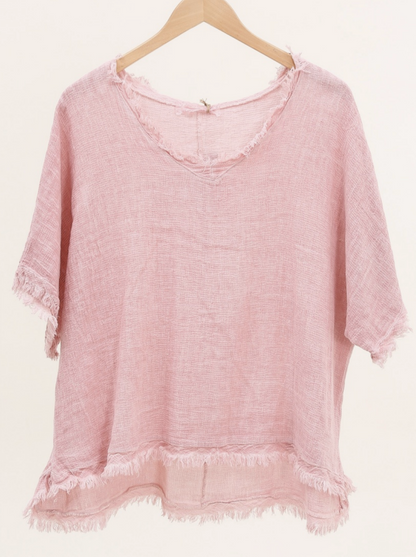 Italian Linen V Neck Fringe Short Sleeve top /  7 colors