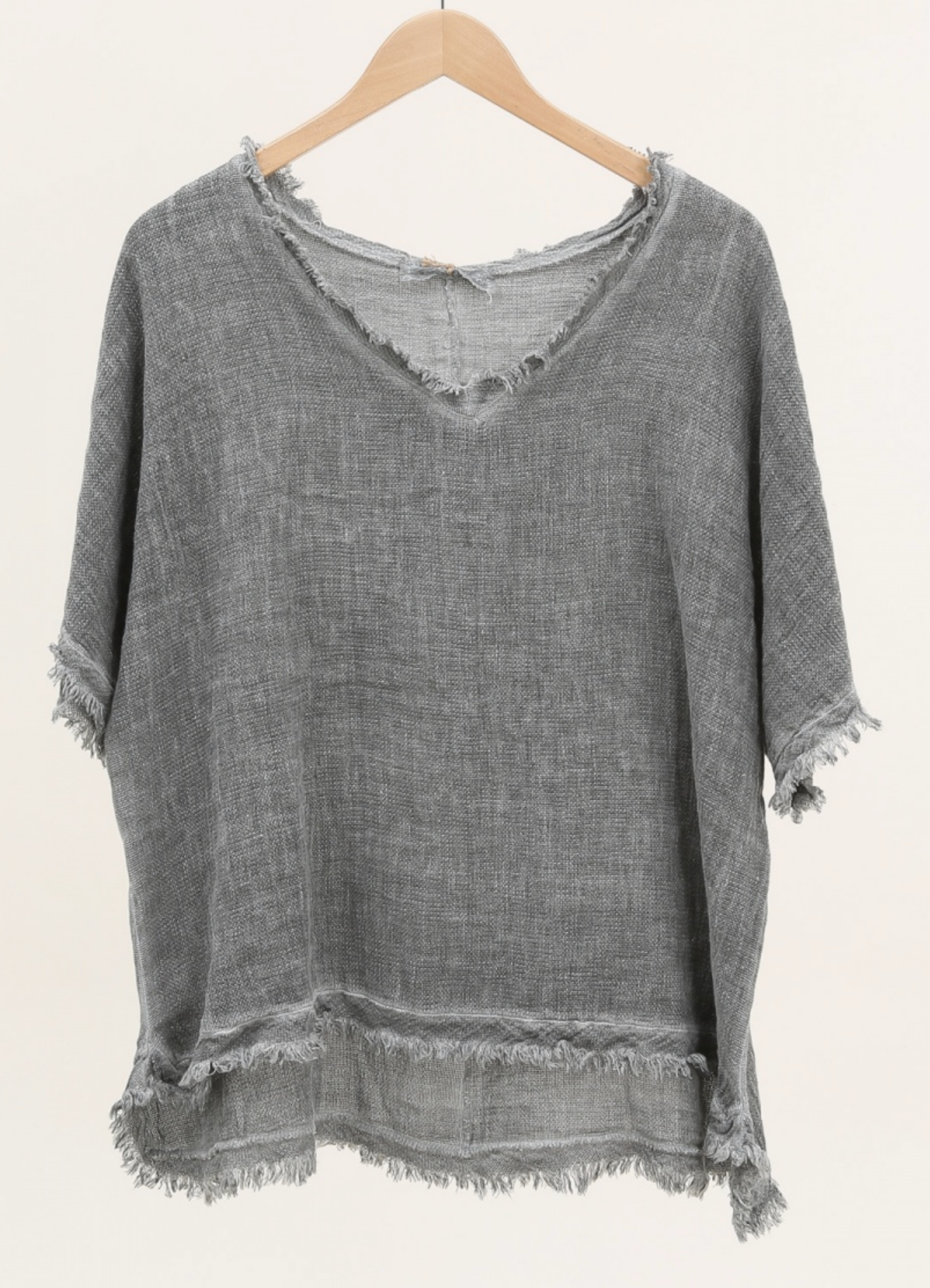 Italian Linen V Neck Fringe Short Sleeve top /  7 colors