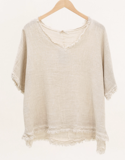 Italian Linen V Neck Fringe Short Sleeve top /  7 colors