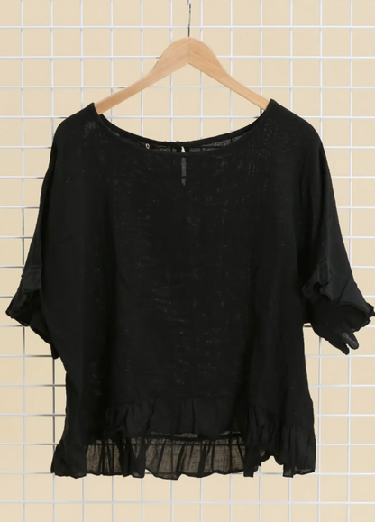 Italian Linen Ruffle Detail Short Sleeve top /  7 colors