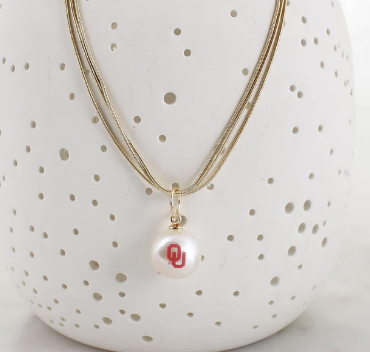 Collegiate 3 Strand Gold Necklace with Pearl Pendant Logo