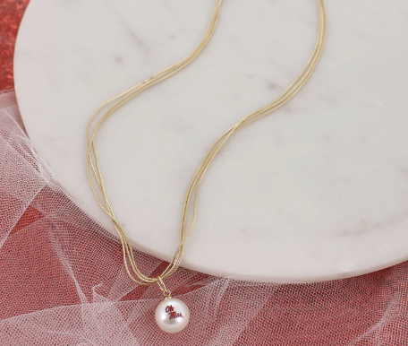 Collegiate 3 Strand Gold Necklace with Pearl Pendant Logo