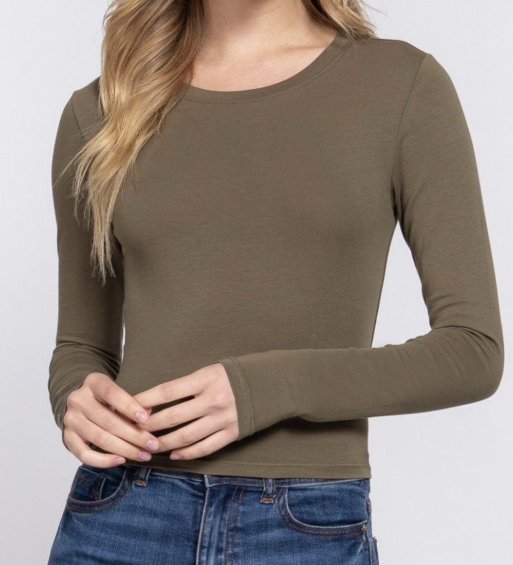 Long Sleeve Crew Neck Cotton Crop Top / 6 colors