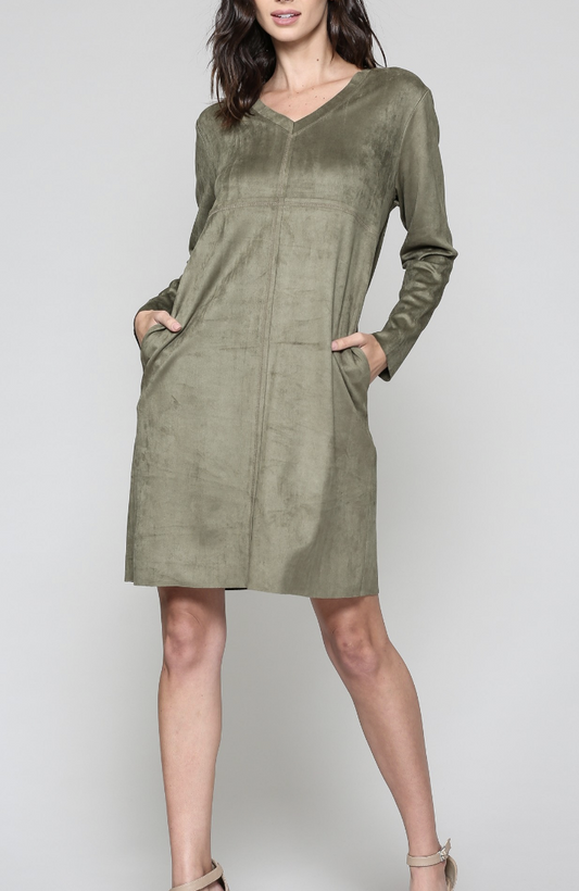 Aurora Suede Long Sleeve V NECK Dress NO POCKETS /6 colors
