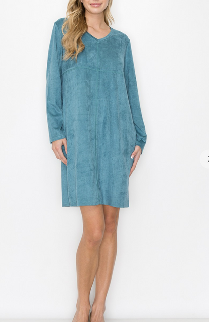 Aurora Suede Long Sleeve V NECK Dress NO POCKETS /6 colors