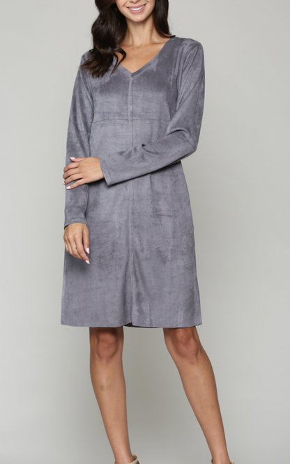 Aurora Suede Long Sleeve V NECK Dress NO POCKETS /6 colors