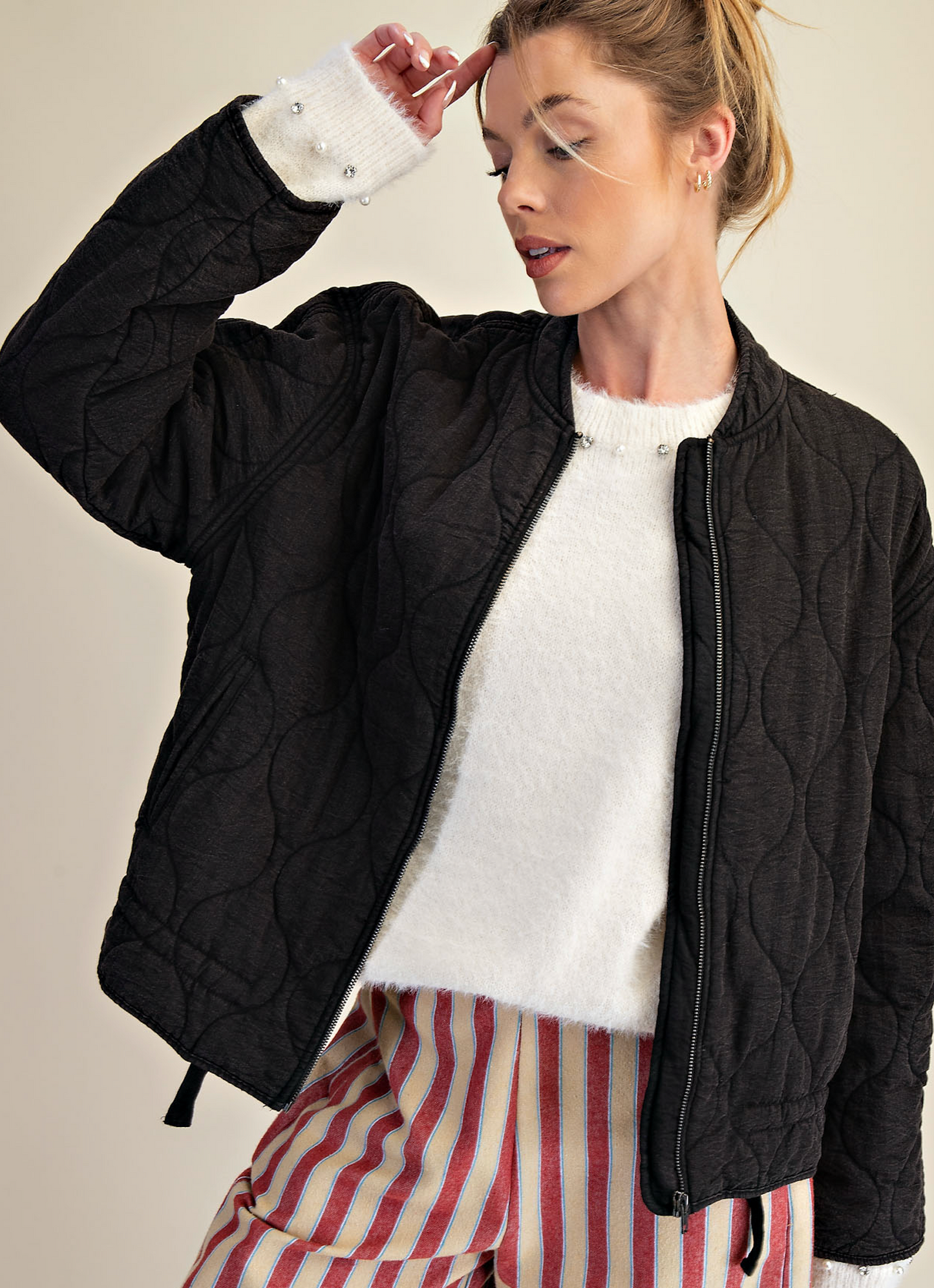 Black Quilted Bomber Jacket