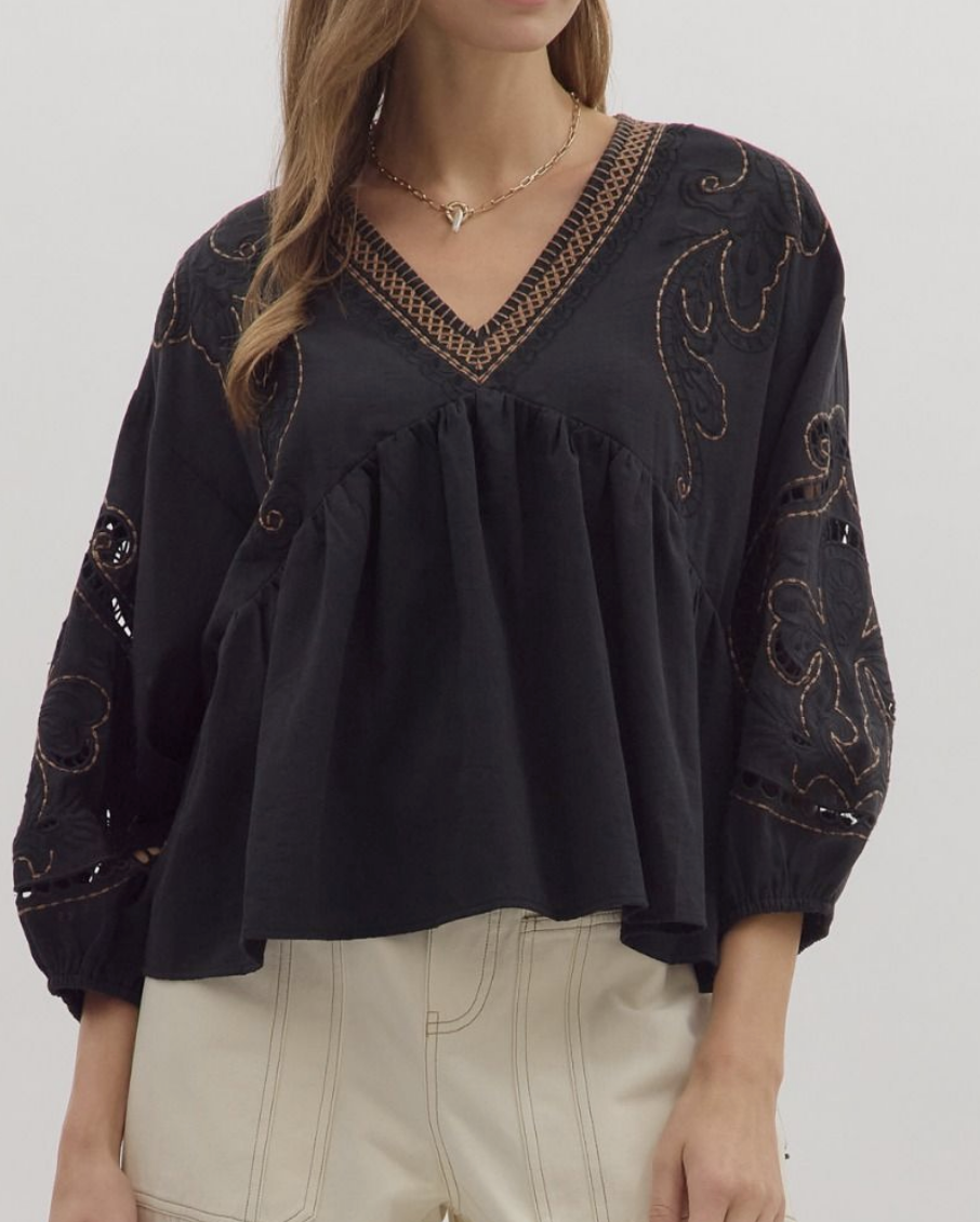 Black V neck Balloon Sleeve Blouse
