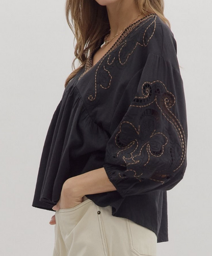 Black V neck Balloon Sleeve Blouse