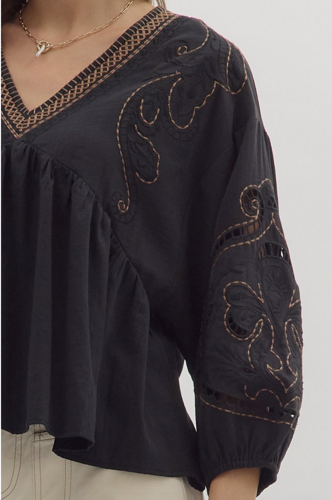 Black V neck Balloon Sleeve Blouse