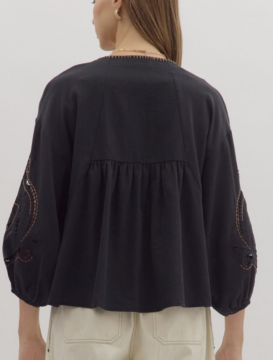 Black V neck Balloon Sleeve Blouse
