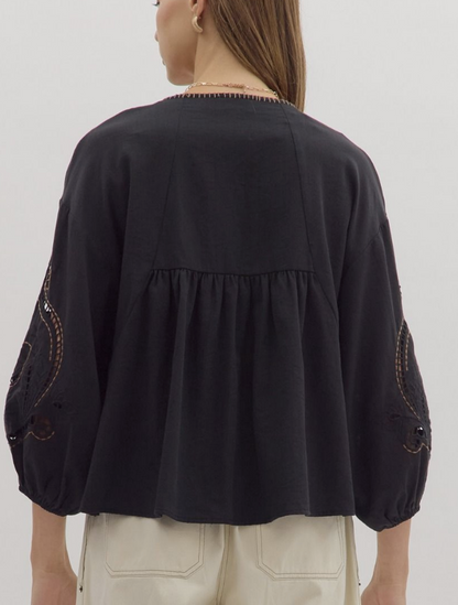 Black V neck Balloon Sleeve Blouse