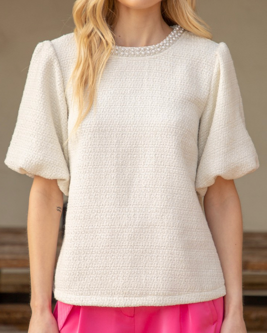 Voy Pearled Trimmed Bubble Sleeve Tweed Top/ 2 colors