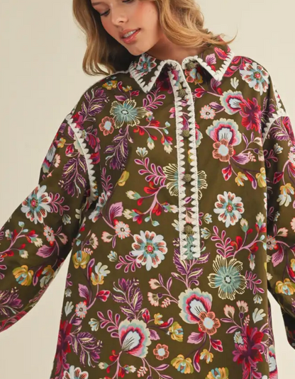 Floral Print Stitch Detail Midi Dress